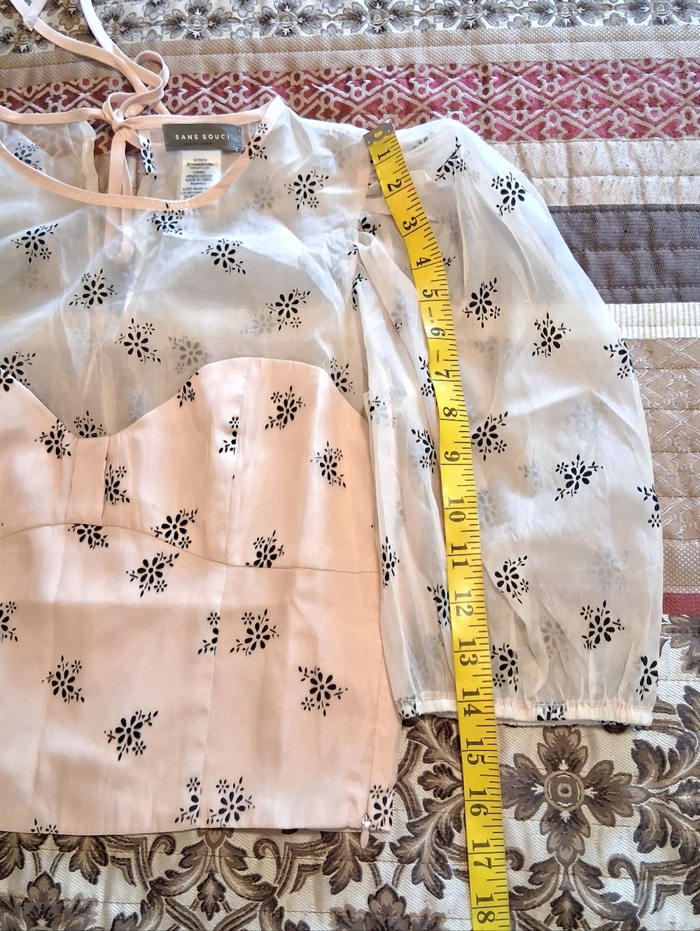 Y2k Retro Puff Sleeve Floral Velvet‎ Burnout Sweethear Top Blouse SzS Pink - Picture 9 of 15